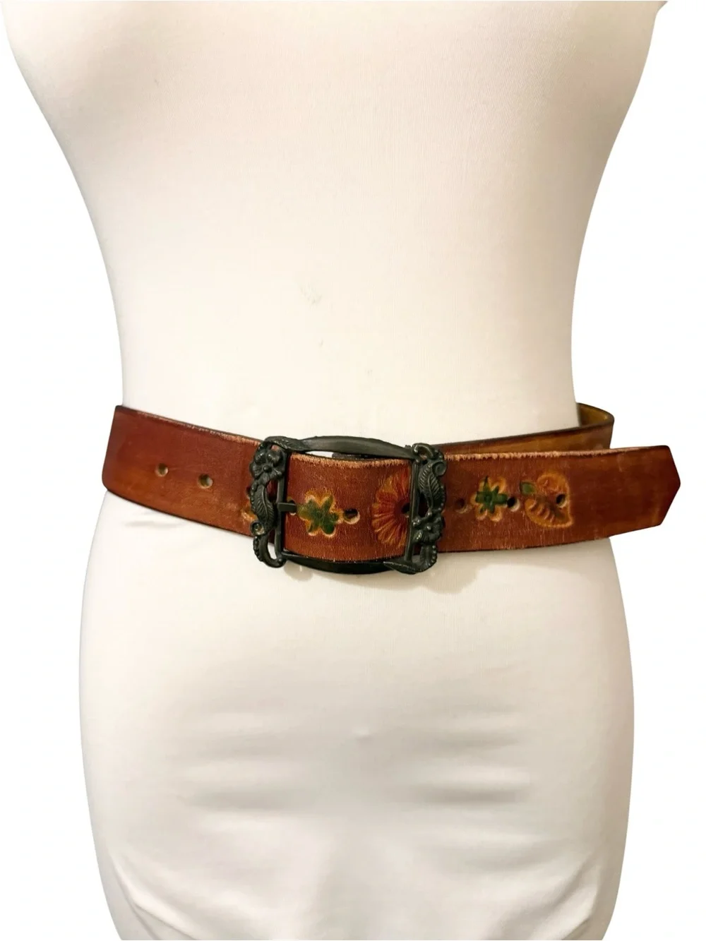 Vintage Hand-Tooled and dyed Brown Leather Floral Belt with Decorative Buckle